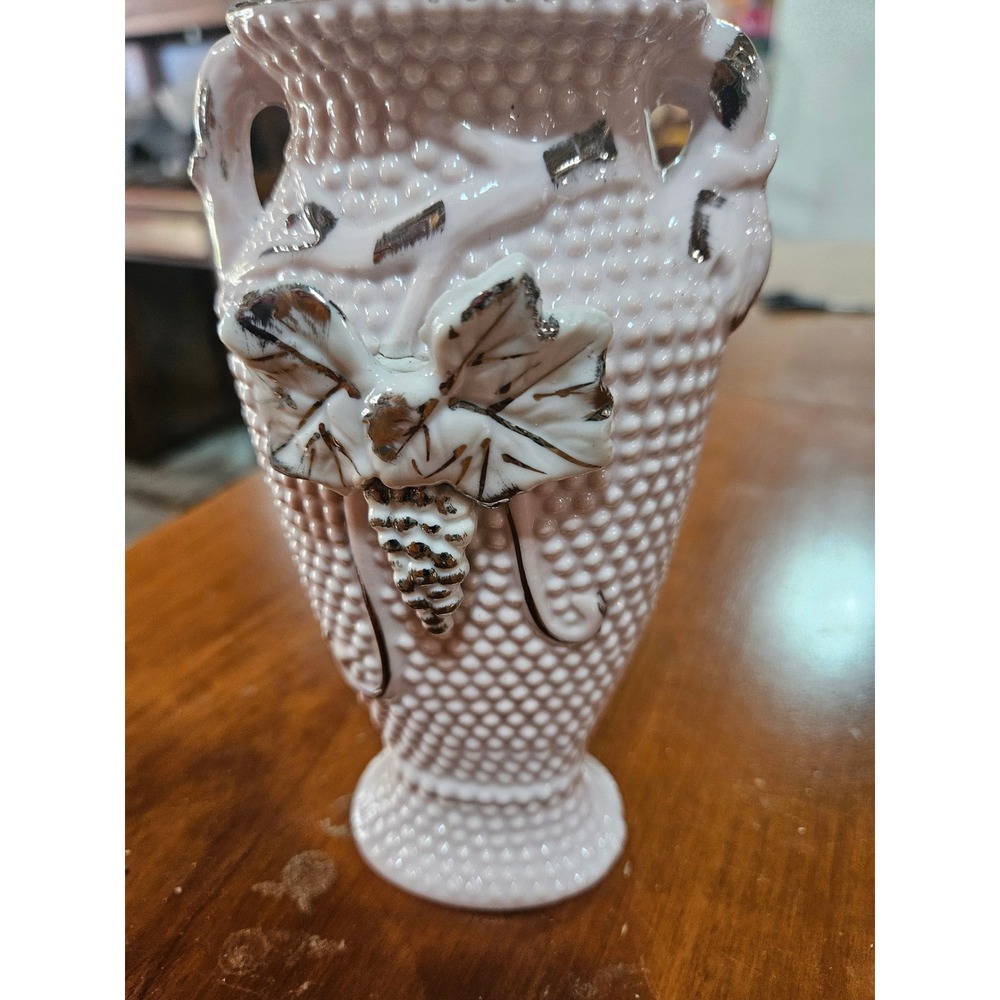 Vintage Empress Japan Pink Hobnail Grape Bud Vase Gold Trim Ceramic Urn 3D Leaf